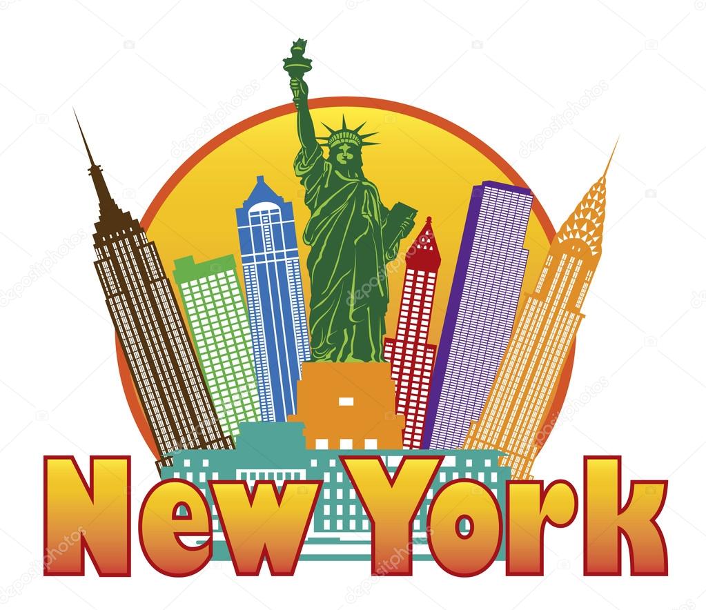New York City Colorful Skyline in Circle Vector Illustration