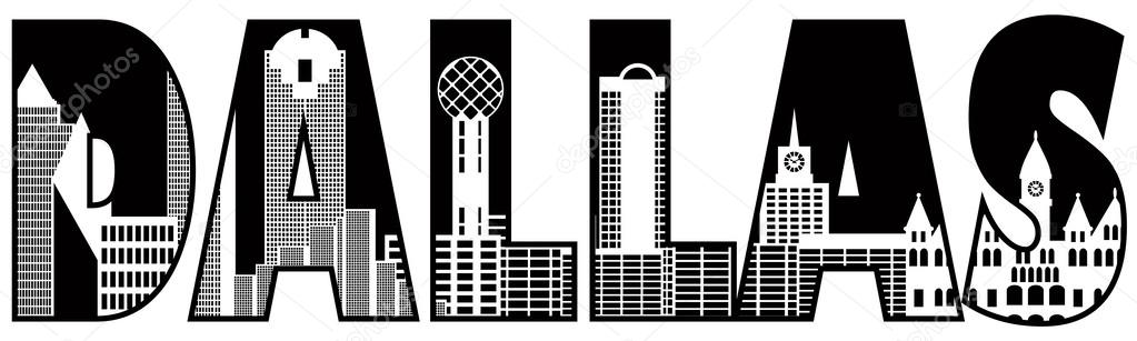 Dallas City Skyline Text Outline Black and White Illustration