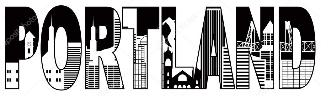 Portland Oregon Skyline Text Outline Black and White Illustratio