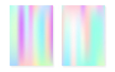 Hologram kapak ile holografik degrade arka plan seti. 90s, 80s retro tarzı. Broşür, afiş, duvar kağıdı, mobil ekran için yanardöner grafik şablonu. Çok renkli minimal holografik degrade.