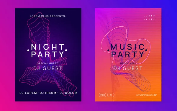 Dans ilanı. Dinamik akışkan şekil ve çizgi. Parlak konser davetiyesi. Neon dans ilanı. Elektro trans müzik. Tekno DJ partisi. Elektronik ses olayı. Kulüp festivali posteri.