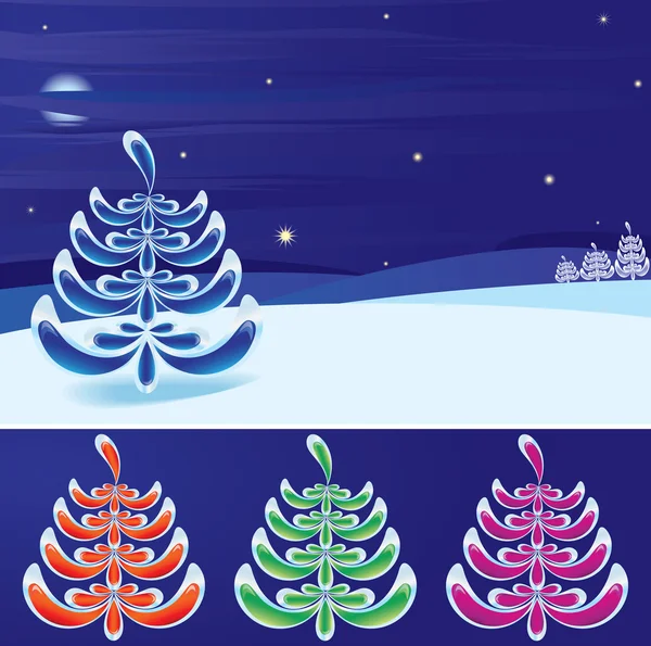 Kış manzarası ve stilize yılbaşı ağacı (vektör, cmyk ayarla) — Stok Vektör