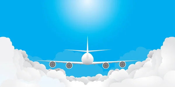 Vliegtuig vliegt in blauwe hemel met wolken (vector, cmyk) — Stockvector