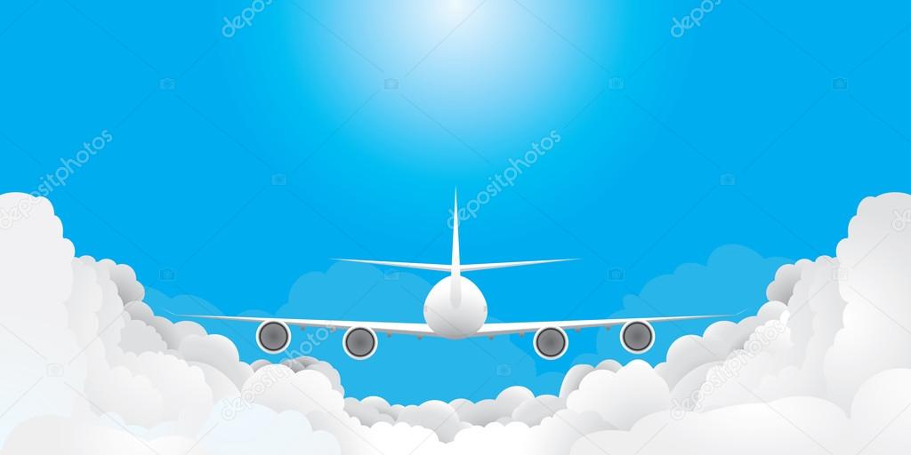Plane is flying in blue sky with clouds(vector, CMYK)