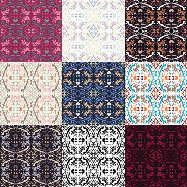 9 renkten oluşan bir set. Lekesiz desenli, benekli ve vahşi hayvan çizgili. Ikat arkaplan. Afrika ve Asya hayvanları. Tekstil. Etnik boho süsü. Web tasarımı veya yazdırma için vektör illüstrasyonu.