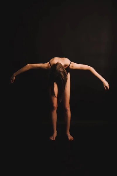 Abstract Poses Floor Girl Classic Bodysuit Intuitively Dancing Black Background — Stock Photo, Image