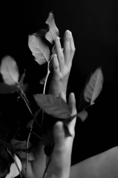 Fekete Fehér Lövés Egy Kezéről Gyönyörű Közelkép Tenyér Természetes Kézmozdulatok — Stock Fotó