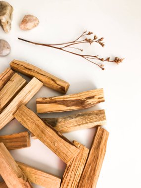 Beyaz arka planda Palo Santo marka tahta çubuklar. Aromaterapi, dini ayinler ve meditasyonlar. Latin Amerika 'dan organik kutsal ağaç tütsüsü.