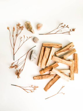 Beyaz arka planda Palo Santo marka tahta çubuklar. Aromaterapi, dini ayinler ve meditasyonlar. Latin Amerika 'dan organik kutsal ağaç tütsüsü.