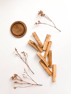 Beyaz arka planda Palo Santo marka tahta çubuklar. Aromaterapi, dini ayinler ve meditasyonlar. Latin Amerika 'dan organik kutsal ağaç tütsüsü.