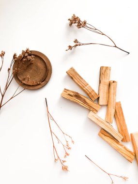 Beyaz arka planda Palo Santo marka tahta çubuklar. Aromaterapi, dini ayinler ve meditasyonlar. Latin Amerika 'dan organik kutsal ağaç tütsüsü.