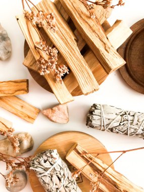 Doğal tütsü, Beyaz Bilge ve Palo Santo. Güney Amerika 'nın kutsal ağacı, renkli kare fotoğraf. Beyaz bilge ve beyaz arka planda Palo Santo.. 