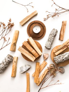 Doğal tütsü, Beyaz Bilge ve Palo Santo. Güney Amerika 'nın kutsal ağacı, renkli kare fotoğraf. Beyaz bilge ve beyaz arka planda Palo Santo.. 