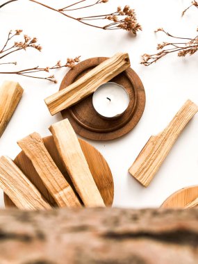 Doğal tütsü, Beyaz Bilge ve Palo Santo. Güney Amerika 'nın kutsal ağacı, renkli kare fotoğraf. Beyaz bilge ve beyaz arka planda Palo Santo.. 