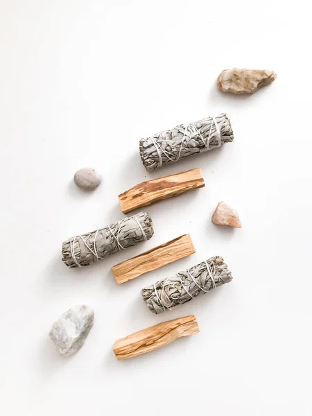 Bundle Dry White Sage Close Product Purification Meditation Healing Set — Stock Photo, Image