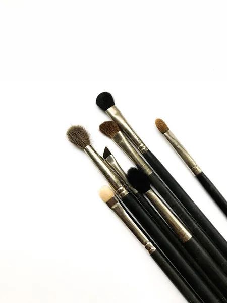 Conjunto Diferentes Pinceles Maquillaje Imagen Laico Plano — Foto de Stock