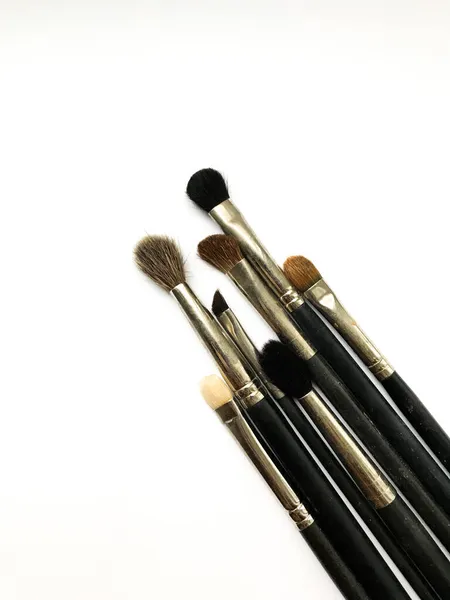 Conjunto Diferentes Pinceles Maquillaje Imagen Laico Plano — Foto de Stock