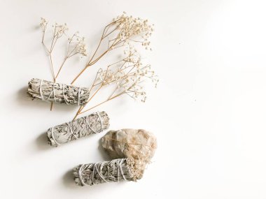 Beyaz bir arka planda beyaz Kaliforniya adaçayı sürüsü, minimalizm ve yazı için bir yer. Kutsal tütsü, aromaterapi ve meditasyon.