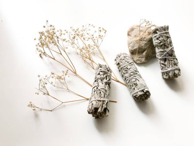 Kaliforniya beyaz adaçayı, güzel bir düzen ve üst manzara, tütsü ve kurumuş çiçekler beyaz arka planda