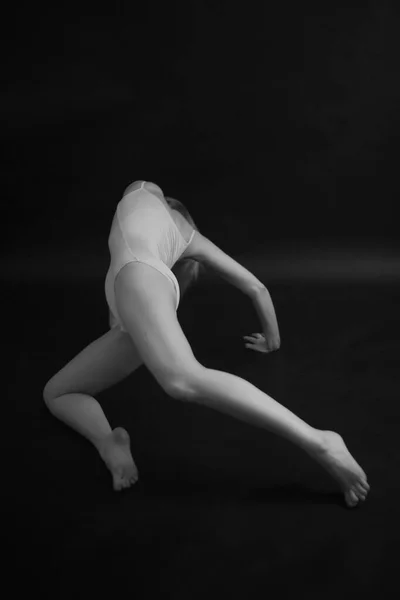 Dancer Black Background Young Girl Dancing White Bodysuit — Stockfoto