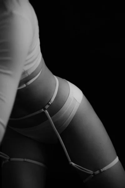 Fashion Portrait Girl White Underwear Belt Black Background Fine Art — Stockfoto