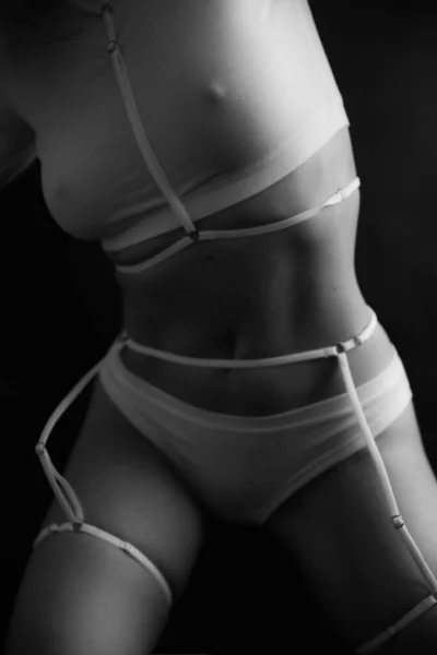 Fashion Portrait Girl White Underwear Belt Black Background Fine Art — стоковое фото
