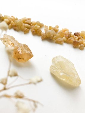 Doğal reçine seti ve kurumuş çiçek dalları, beyaz arka planda tütsü.