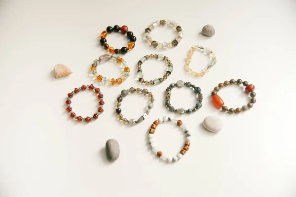 Jewelry Bracelets Made Natural Stones Natural Minerals Top View Place — Stock Photo, Image