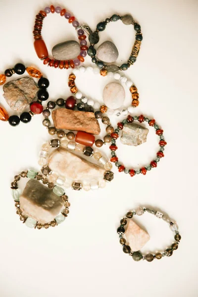 Bijoux Bracelets Pierres Naturelles Minéraux Naturels Vue Dessus Place Pour — Photo
