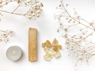 Palo santo sopa ve tütsü reçine arınma töreni için beyaz arka planda, üst görünümde