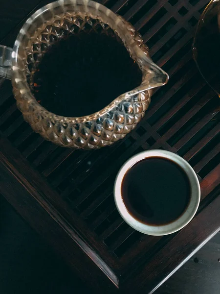 Demlenmiş Çay Çin Portakalı Siyah Çay Ahşap Bir Tahtada Çay — Stok fotoğraf