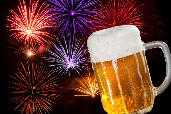 Beer with fireworks — Stock Photo, Image