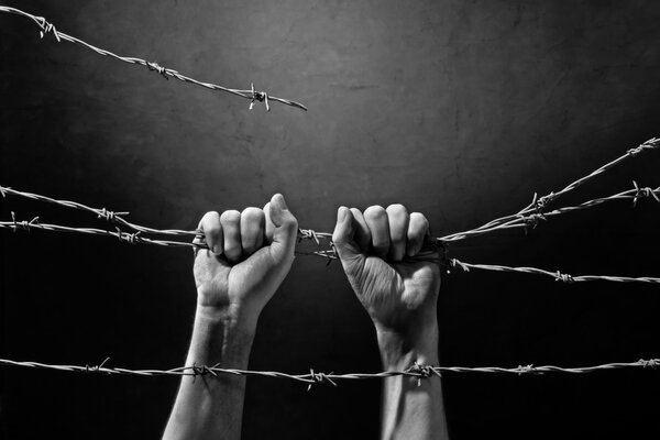 hand behind barbed wire