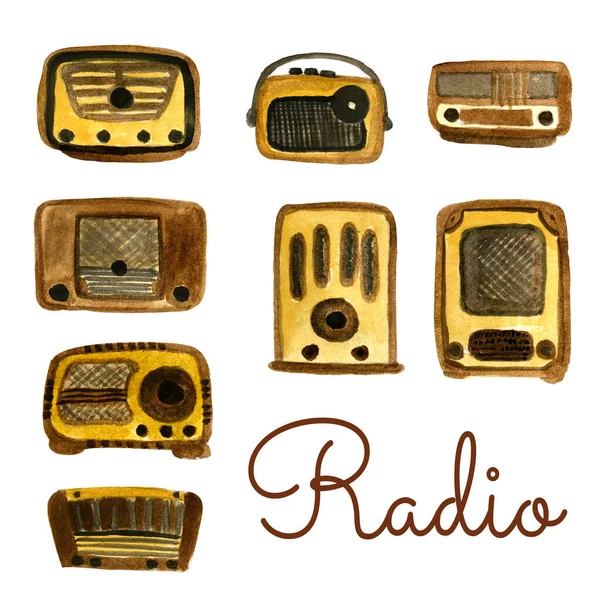 Watercolor retro radio set in brown tones — Stock Photo, Image