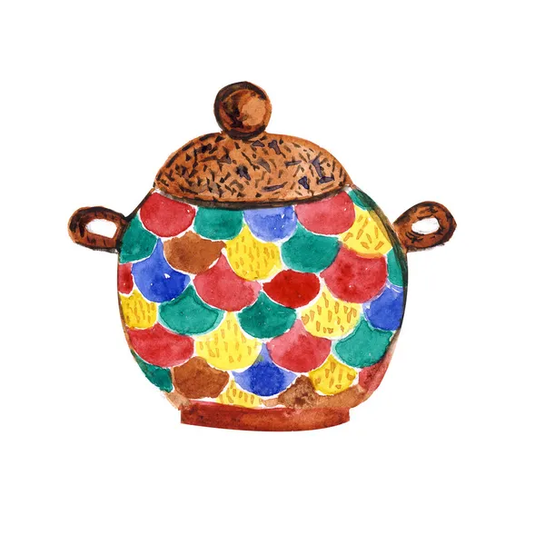 Ilustración acuarela cerámica vajilla tradicional para la cena de almuerzo —  Fotos de Stock