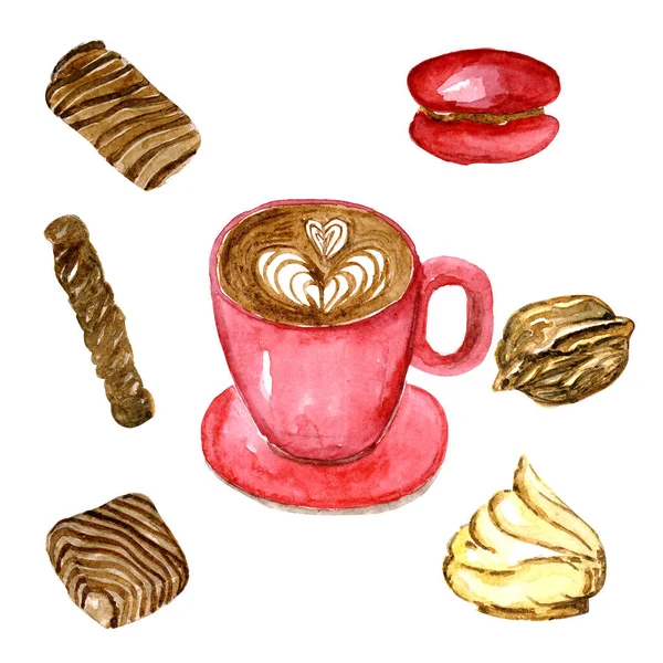 Aquarelle illustration tasse de café rose avec bonbons au chocolat — Photo