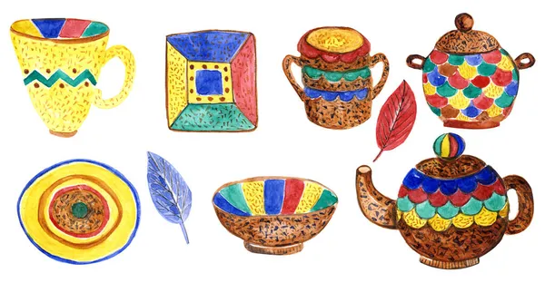 Ilustração aquarela cerâmica louça tradicional para o jantar de almoço — Fotografia de Stock