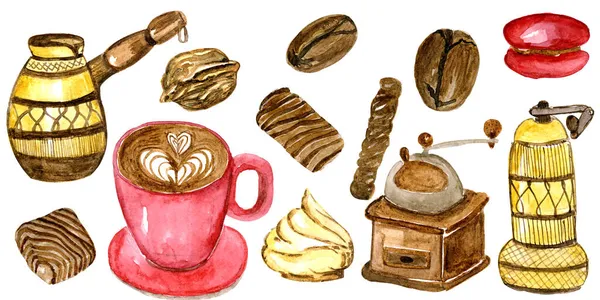 Illustration set aquarelle café et sa préparation et bonbons — Photo
