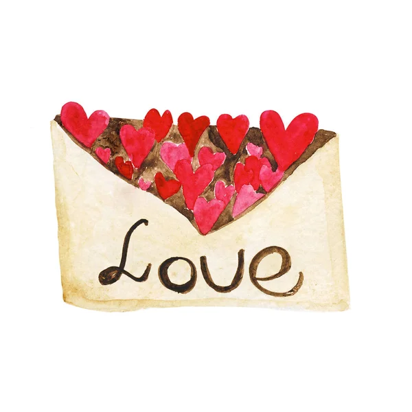 Envelope aquarela com corações cor de rosa e o amor inscrição — Fotografia de Stock