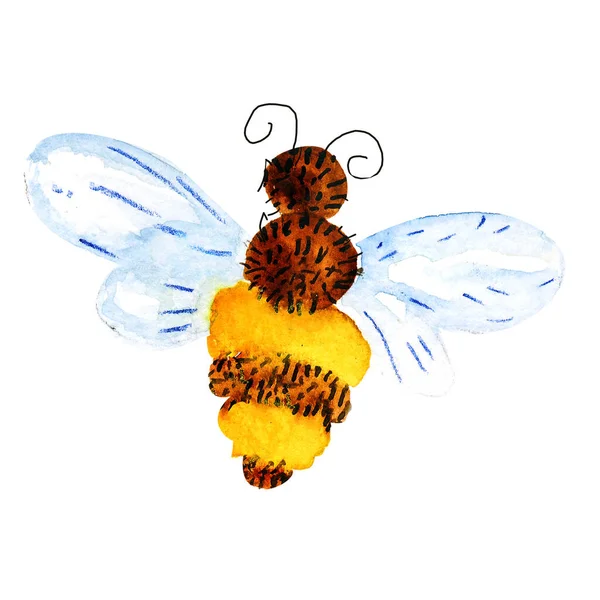 Illustration aquarelle d'une abeille jaune aux ailes bleues — Photo