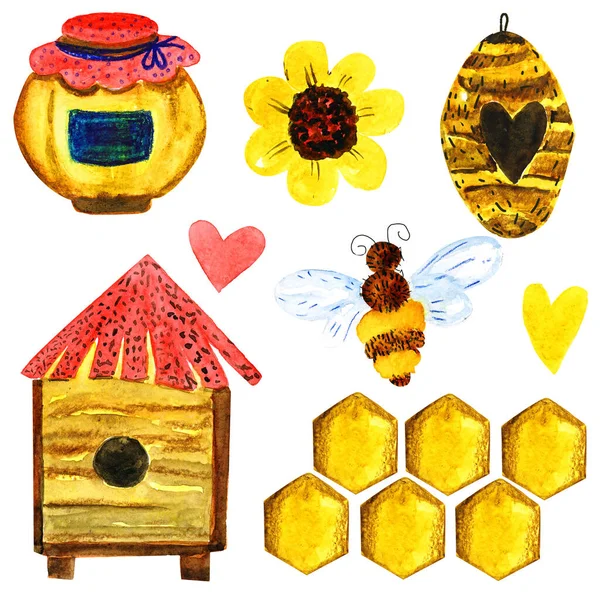वाटर कलर ने शहद मधुमक्खियों और मधुमक्खियों का उपयोग सेट किया — स्टॉक फ़ोटो, इमेज