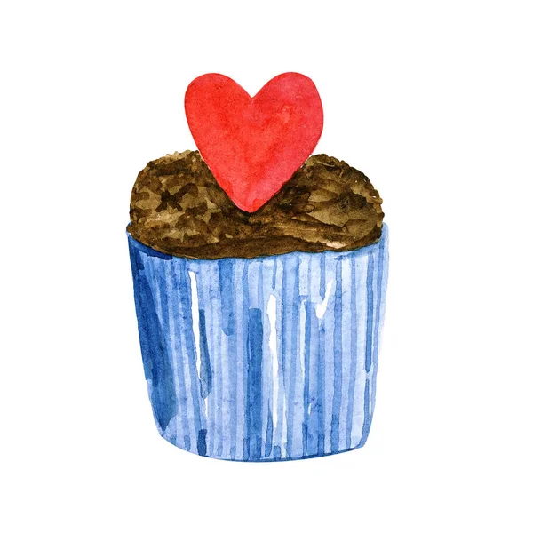 Akwarela czekoladowa babeczka z czerwonym sercem w niebieskim opakowaniu — Zdjęcie stockowe