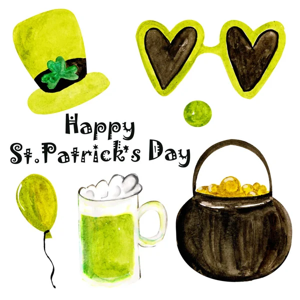 Watercolor celebration of St. Patricks day decor and attributes — Stockfoto