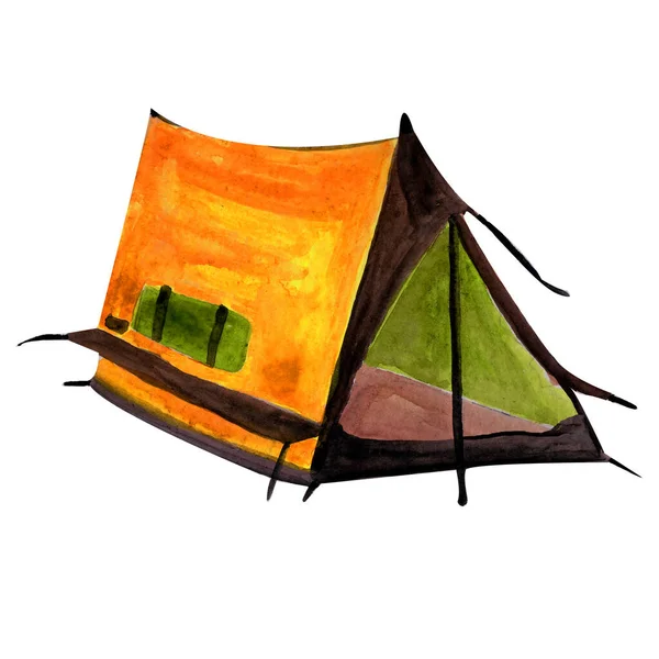 Watercolor tent green with orange tourist with an open entrance — Stockfoto