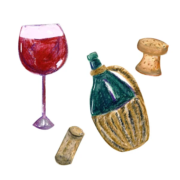 ワイン醸造用ブドウとボトルキャップの水彩セット — ストック写真