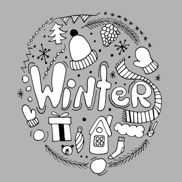 Winter Hand Schriftzug und niedliches Element Hintergrund. — Stockvektor