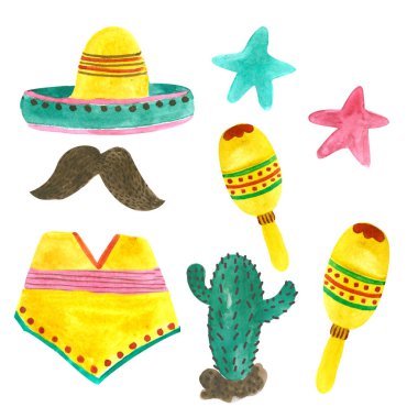 Cinco de mayonez tatil elementlerinin suluboya seti