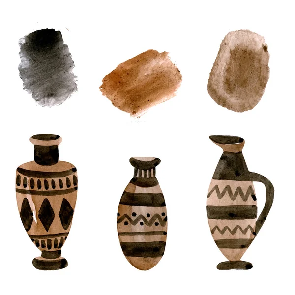 Watercolor set of illustrations ceramic greek vases — Stock Photo, Image