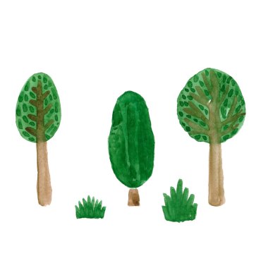 Bir yeşil yaprak döken ağaç seti Suluboya