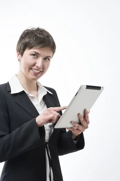 Zufriedene Geschäftsfrau mit digitalem Tablet — Stockfoto